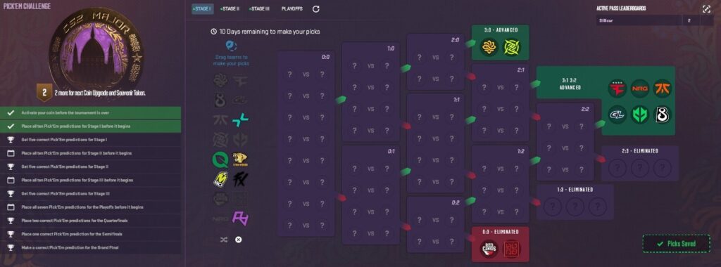 A Pick’Em challenge screen for the StarLadder Budapest Major 2025 showing team slots, predictions, and progression brackets