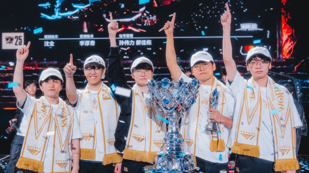 T1 holding trophy after winning LoL Worlds 2025