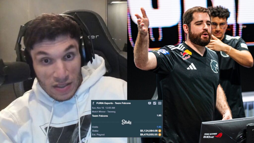 Trainwreck on stream next to picture of FalleN playing for FURIA, with screenshot of $5m stake bet in the middle