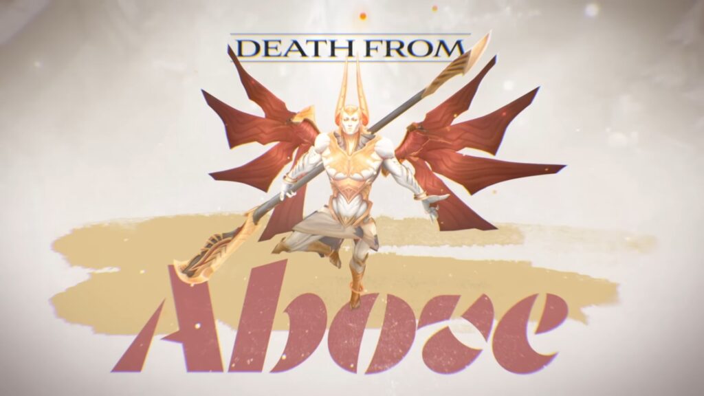 Zaahen descending from the air with red wing-like energy blades spread wide, holding a golden spear as the words “Death From Above” appear behind him