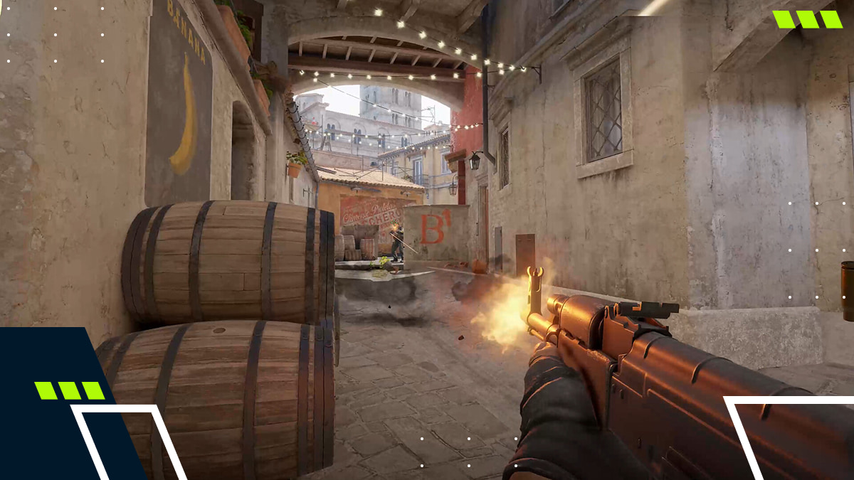 Player firing down Banana in CS2 while engaging an opponent near the B-site entrance