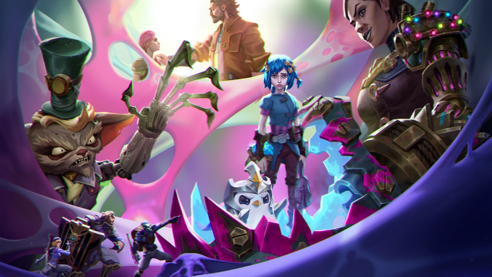 Promotional key art from ARC Raiders showing multiple characters facing futuristic threats in a sci-fi setting