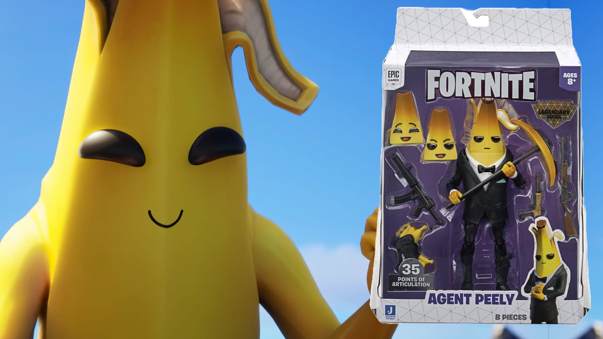 Agent Peely from Fortnite is shown holding his boxed action figure with accessories