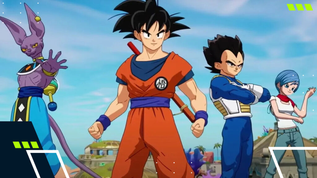 Dragon Ball characters stand together as playable anime crossover skins in Fortnite