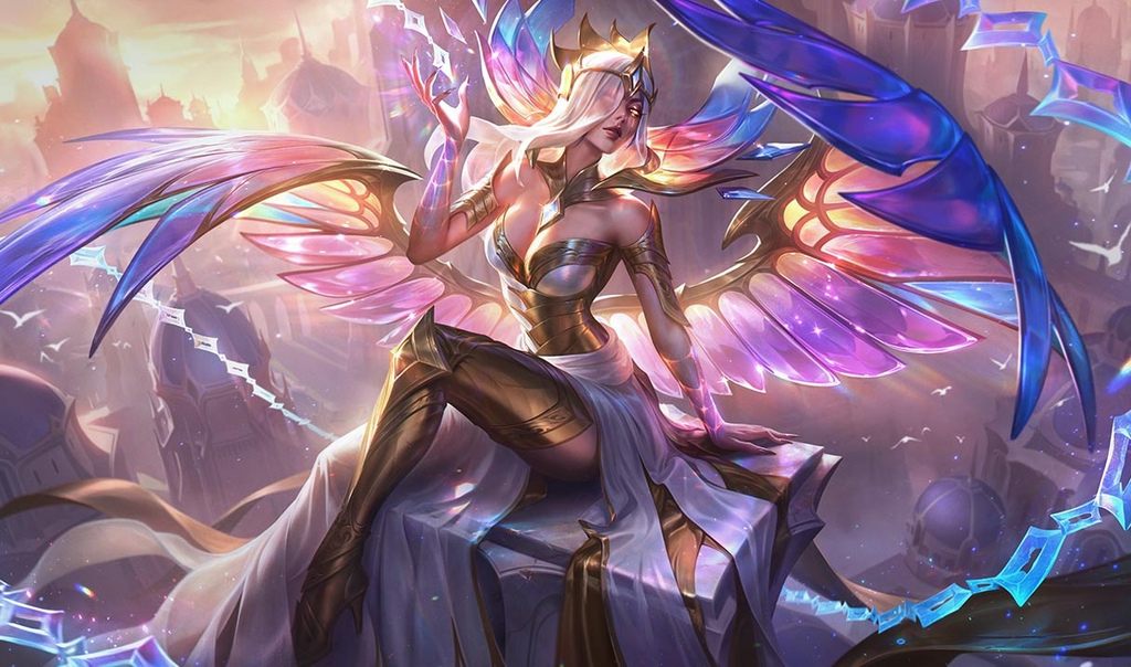 Prestige League of Legends skin splash art featuring a winged female champion with golden and iridescent effects, showcasing premium cosmetic design and Mythic Essence exclusivity