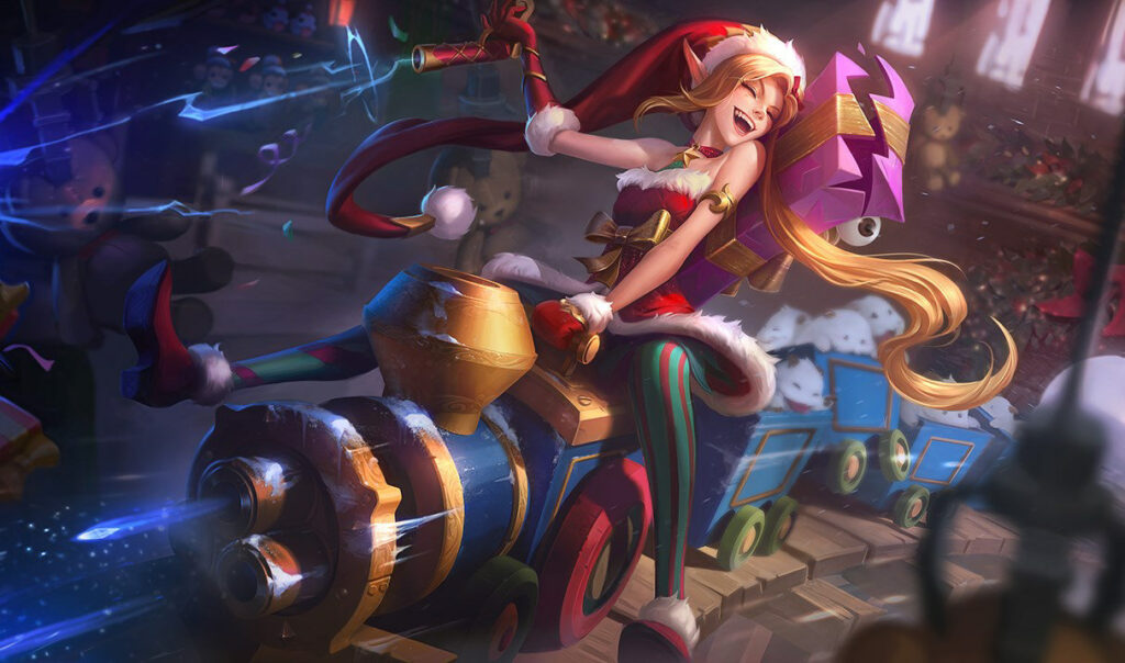 Ambitious Elf Jinx in League of Legends rides a toy train launcher through a festive, chaotic holiday scene