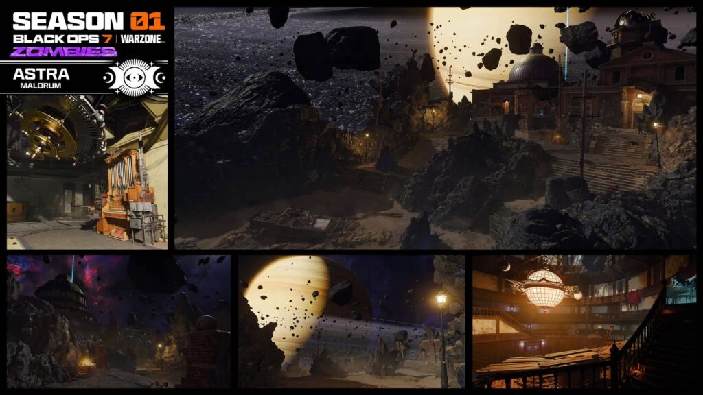 Cosmic ruins and observatory environment from the Astra Malorum Zombies map in Call of Duty: Black Ops 7