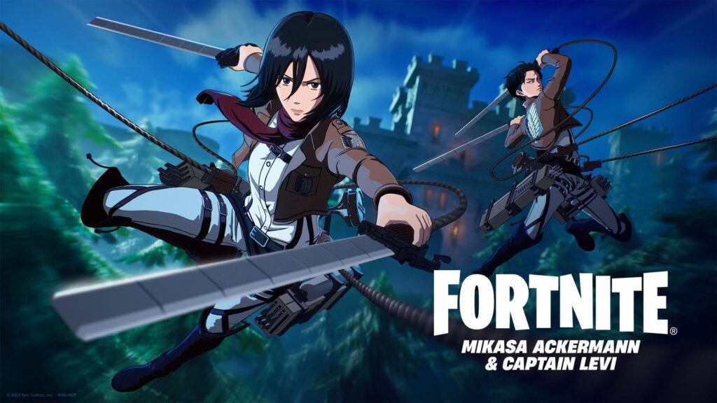 Mikasa Ackermann and Captain Levi appear as Attack on Titan anime crossover skins in Fortnite