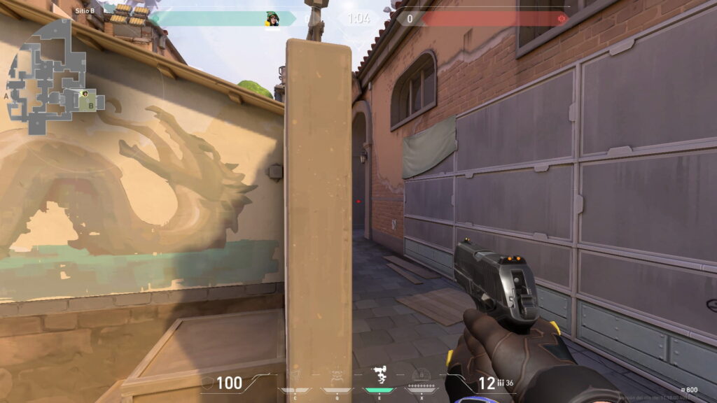 Player holding a tight angle in B Main on the Ascent map in VALORANT during an early-round duel