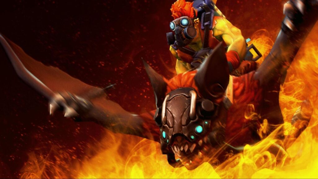 Dota 2 hero Batrider flying into battle on his flaming mount
