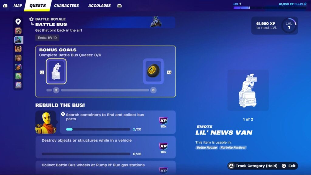 Fortnite quest menu showing progress toward completing the Battle Bus rebuild tasks