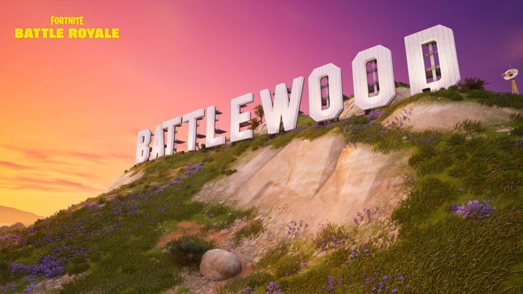 The Battlewood landmark sign stands on a hillside in the Fortnite Chapter 7 map