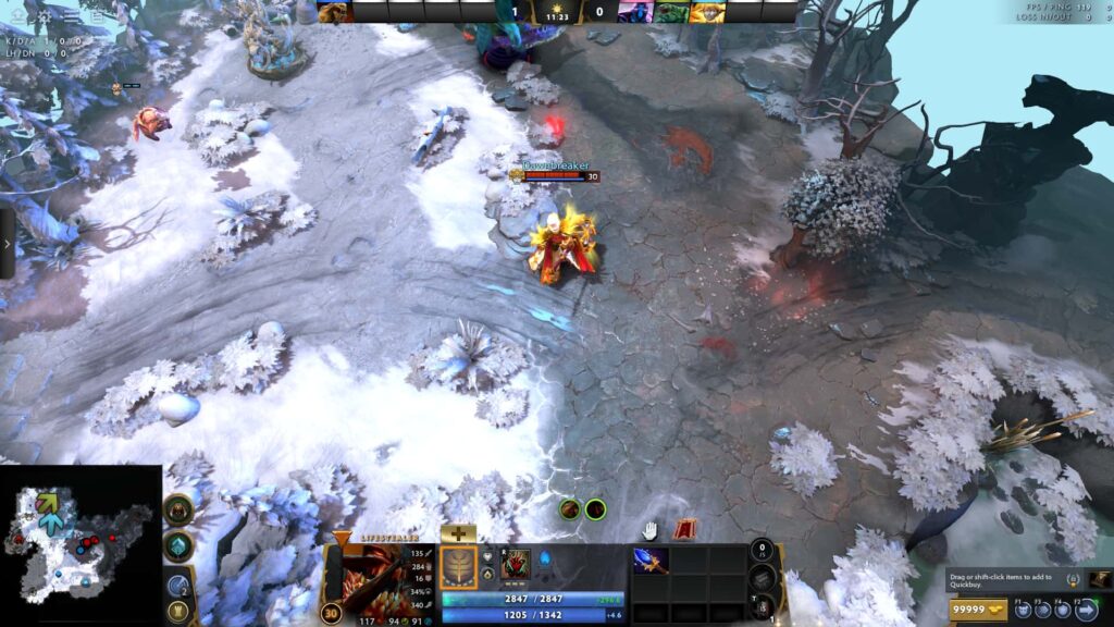 A late-game moment in Dota 2 showing Lifestealer facing Dawnbreaker on the snowy battlefield