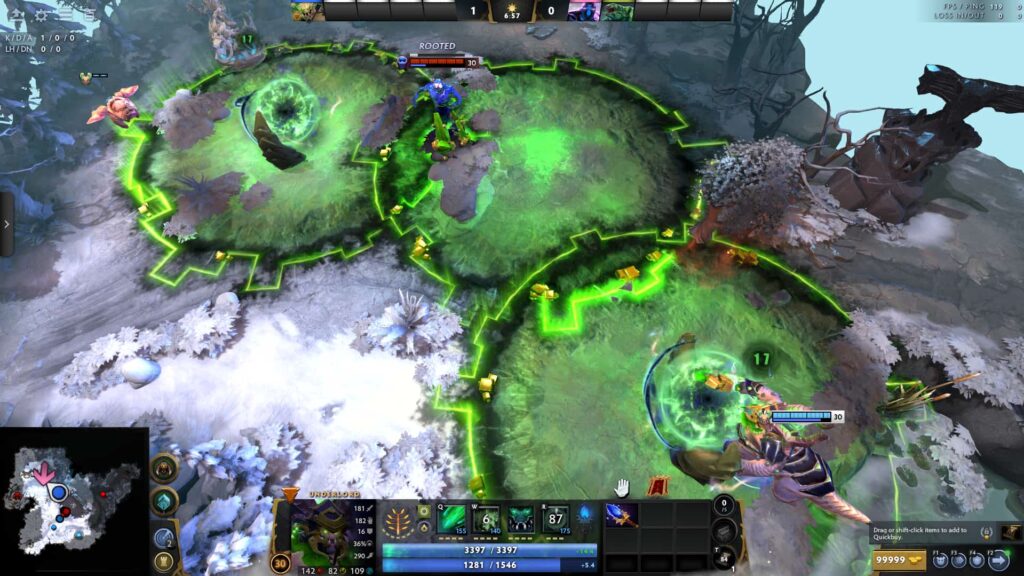 A Dota 2 screenshot showing Underlord using multiple Pit of Malice zones to root enemies during a teamfight