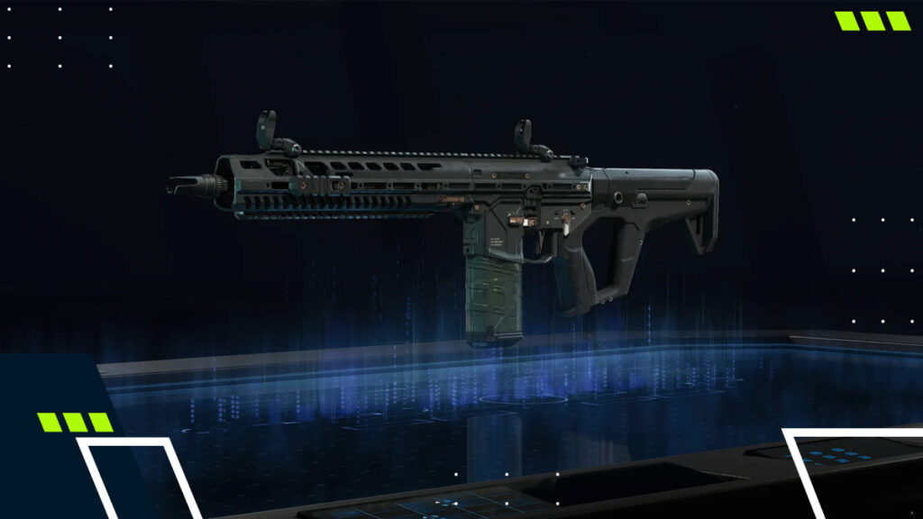 A Black Ops 7 assault rifle floats above a holographic platform, its dark frame outlined by soft blue light. The clean display highlights its tactical design
