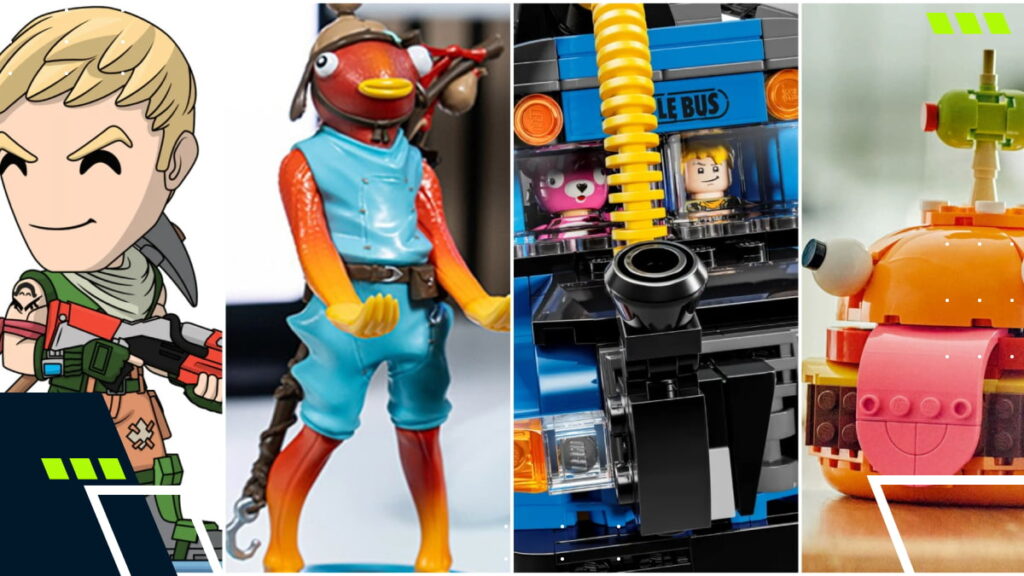 A selection of Fortnite gift ideas including character collectibles, action figures, and LEGO Fortnite builds displayed together