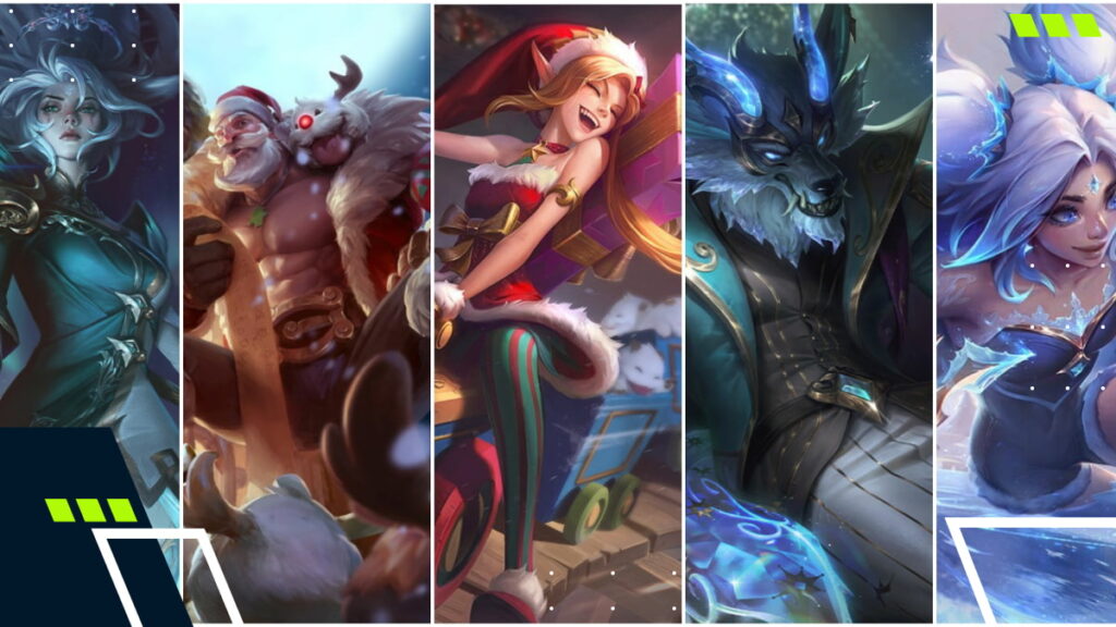 A lineup of winter and Christmas-themed League of Legends skins featuring champions in festive and icy designs