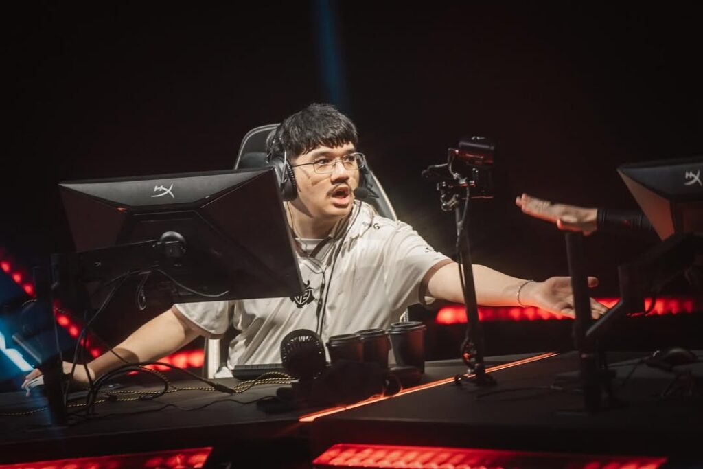 G2 Esports player Jawgemo reacting on stage during a VALORANT tournament match