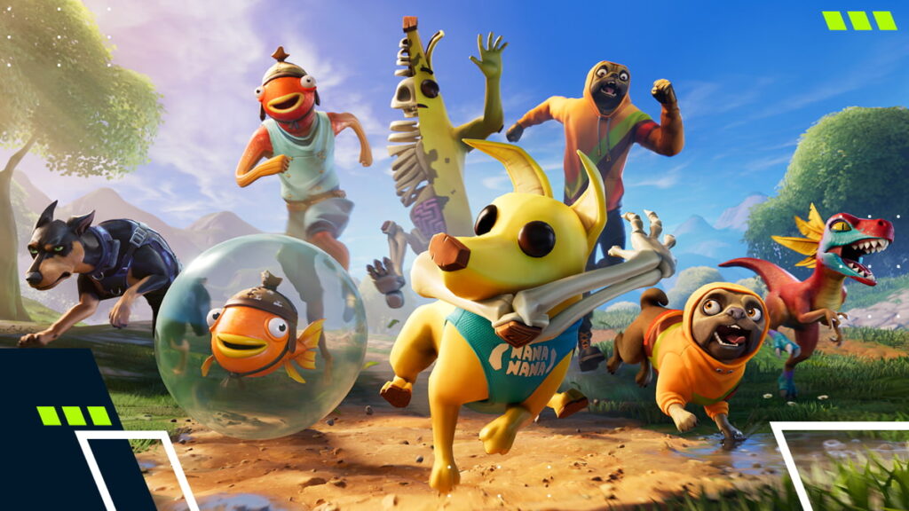 A group of playful Sidekicks running together in a vibrant scene from Fortnite