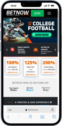 Screenshot of the BetNow US betting site homepage showing a 'Bet on College Football' promo.