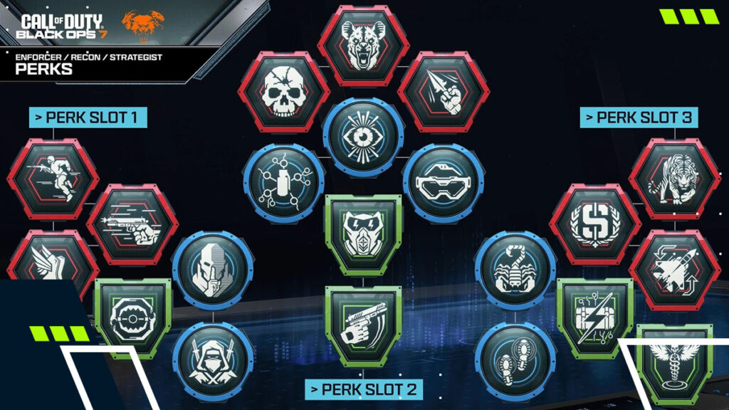 The perk selection interface displays multiple perk paths and slots in Black Ops 7