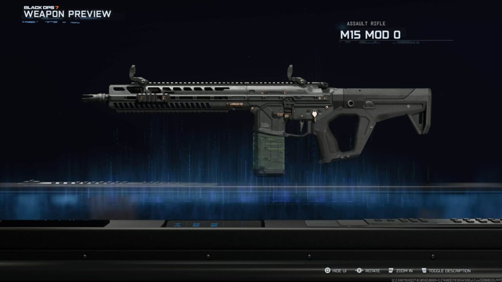 A detailed render of the M15 Mod 0 assault rifle appears in the Black Ops 7 weapon preview. Its tactical frame and attachments are shown against a dark holographic backdrop