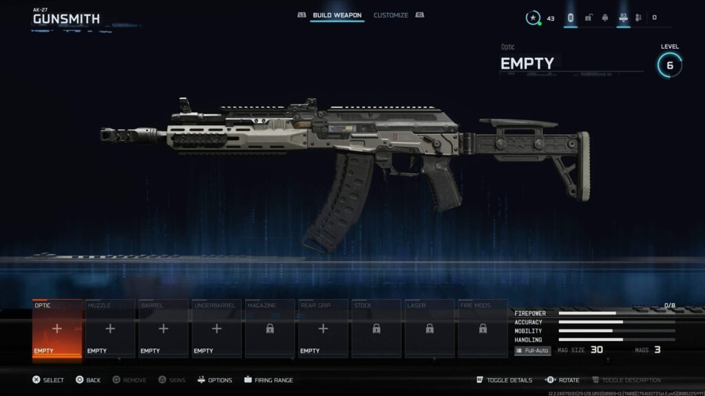The Black Ops gunsmith screen displays an AK-27 with no attachments equipped. Its sleek frame and curved magazine stand out against the blue holographic background