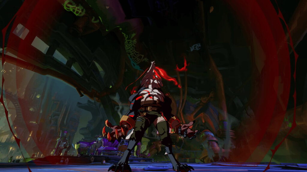 Warwick channeling a red energy burst during his transformation sequence in 2XKO