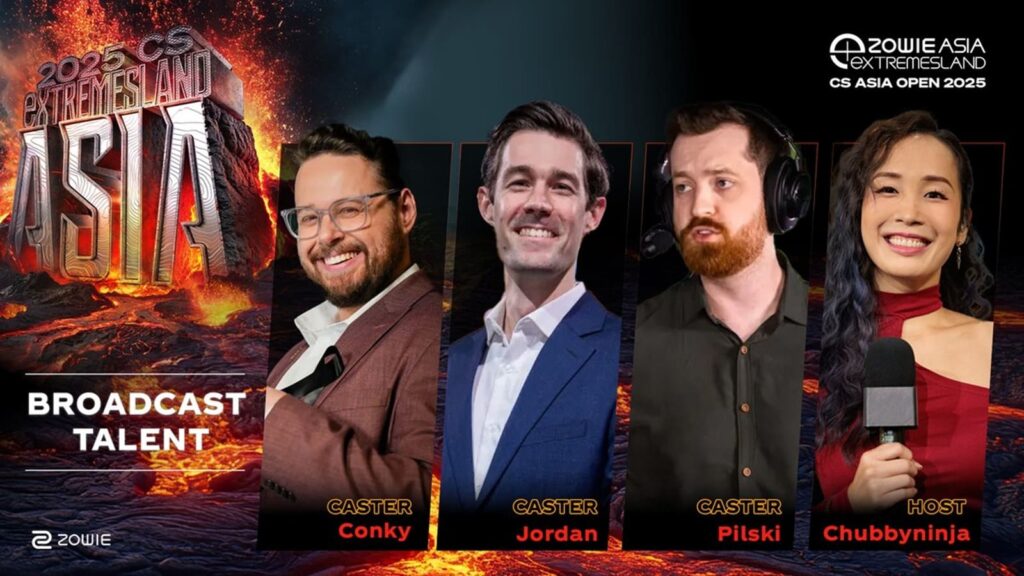 The broadcast talent lineup appears on screen for the CS Asia ExtremeLand 2025 event