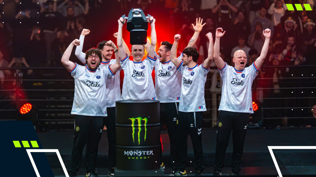Team Vitality celebrate lifting the StarLadder Budapest Major 2025 trophy on stage in front of the Budapest crowd