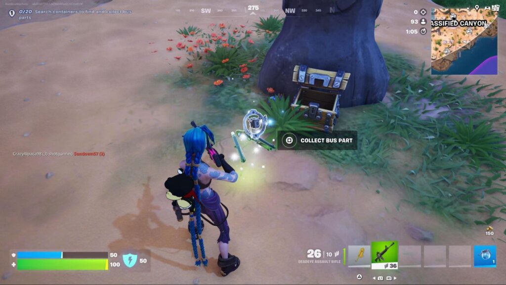 Player collecting a Battle Bus part during a Fortnite rebuild quest