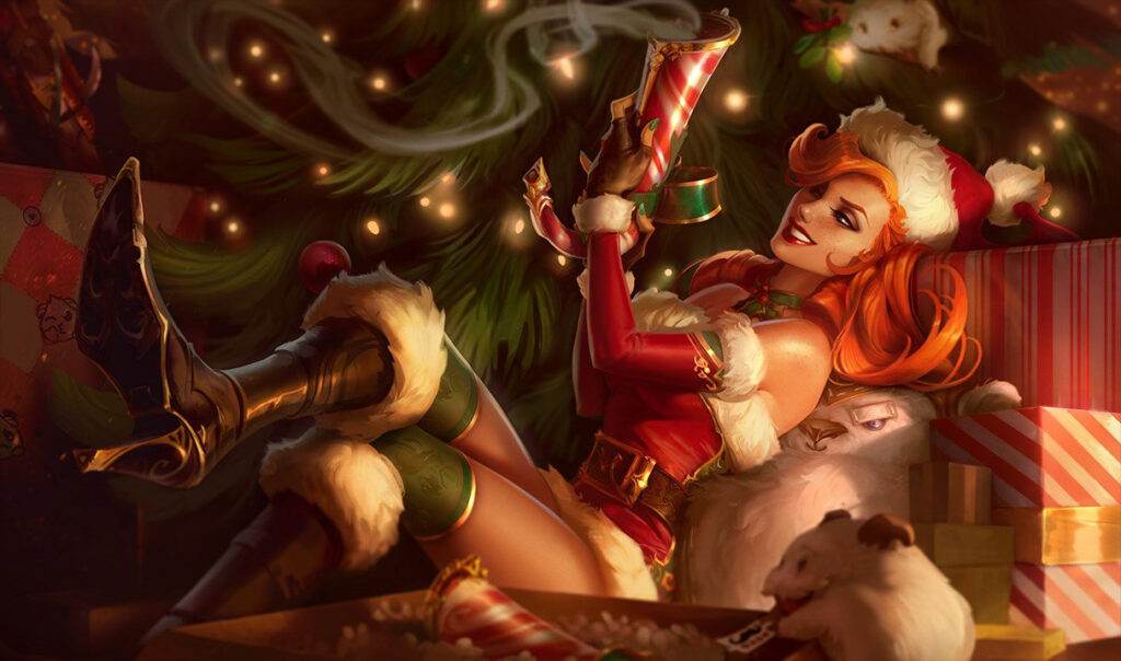 Candy Cane Miss Fortune lounges among presents in a festive League of Legends holiday skin splash art
