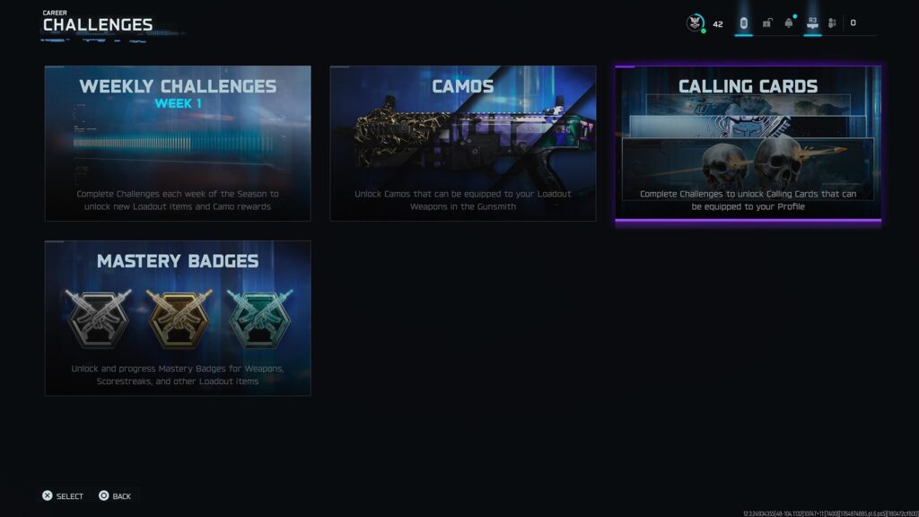 The challenge menu displays weekly tasks, camo rewards, and calling cards in Black Ops 7