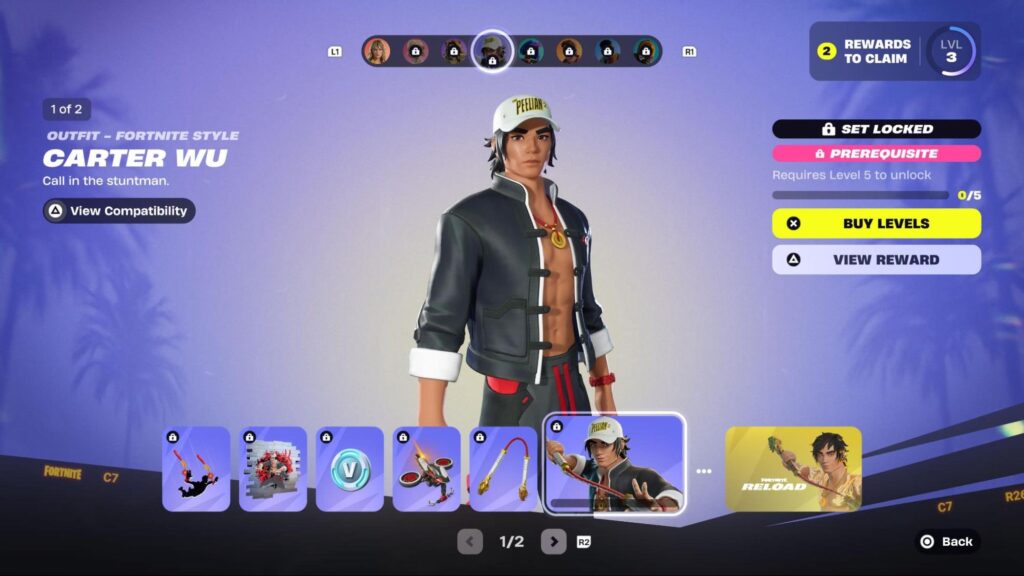 Carter Wu outfit preview featured in the Fortnite battle pass menu