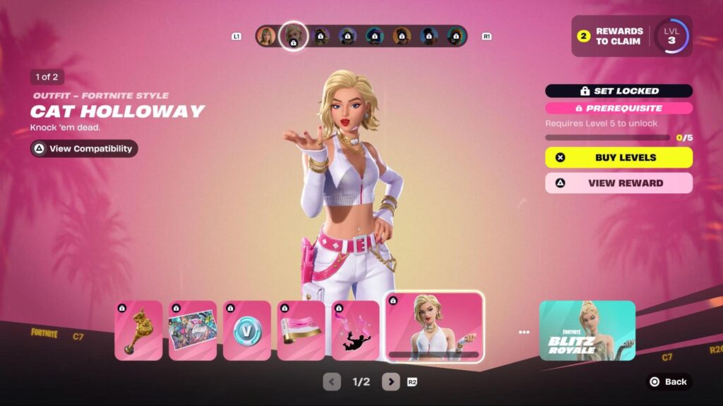 Cat Holloway outfit preview shown in the Fortnite battle pass screen