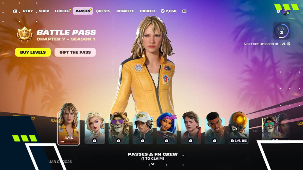 Fortnite Chapter 7 Season 1 battle pass screen showing available skins and progression