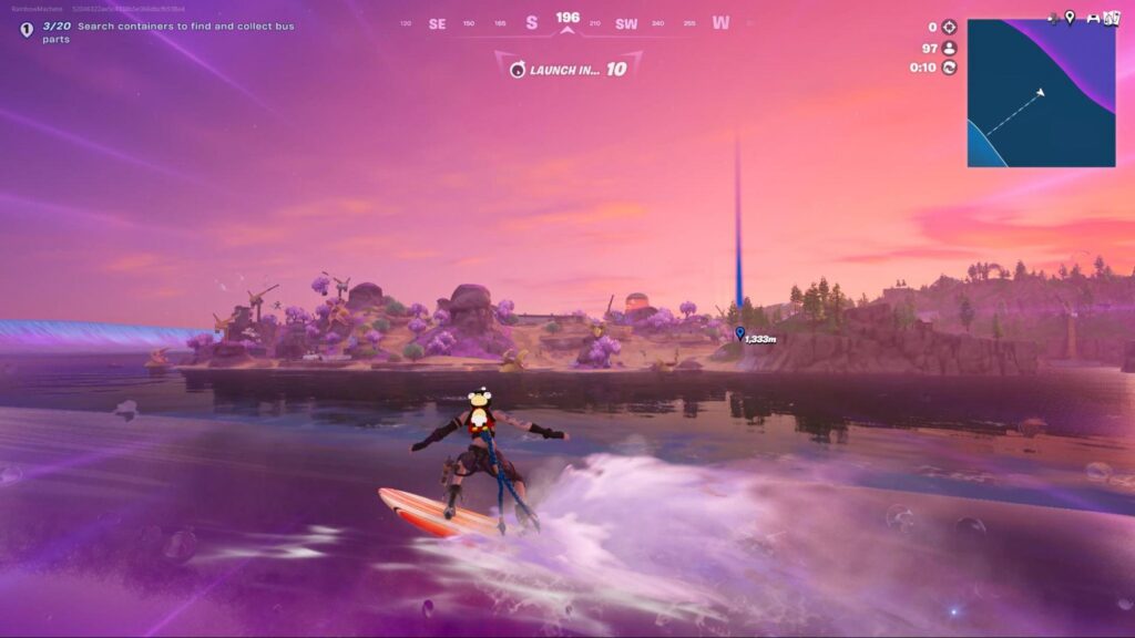 A Fortnite player surfs toward the Chapter 7 island across calm sunset waters