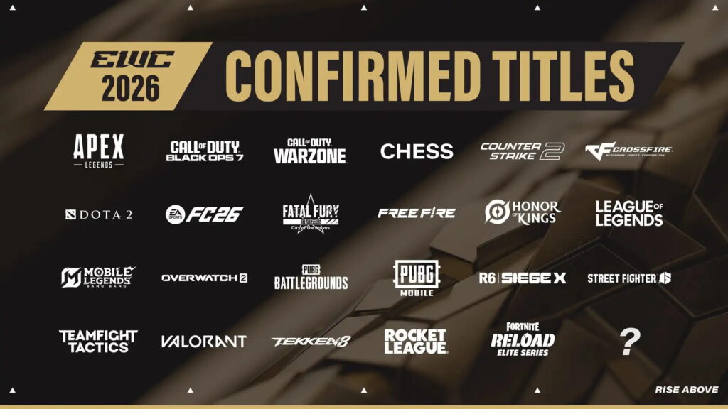 A graphic showcasing the confirmed game titles for the Esports World Cup 2026