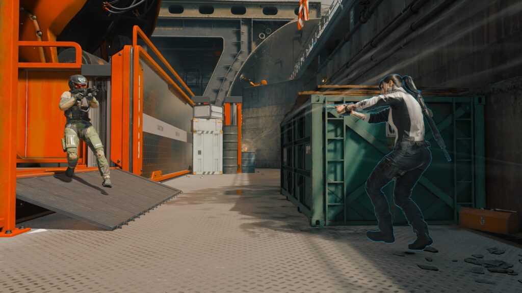 Two operators face off in a tight industrial lane during a firefight in Call of Duty: Black Ops 7