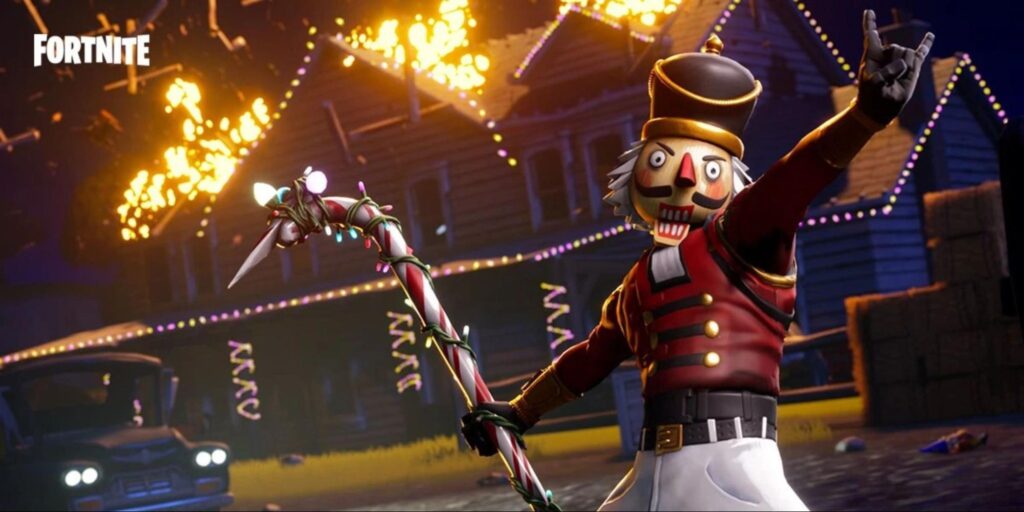 Crackshot Christmas skin holding a candy cane pickaxe during a nighttime match in Fortnite