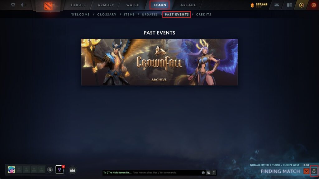 The Crownfall Archive screen in Dota 2 showing the Past Events menu under the Learn tab
