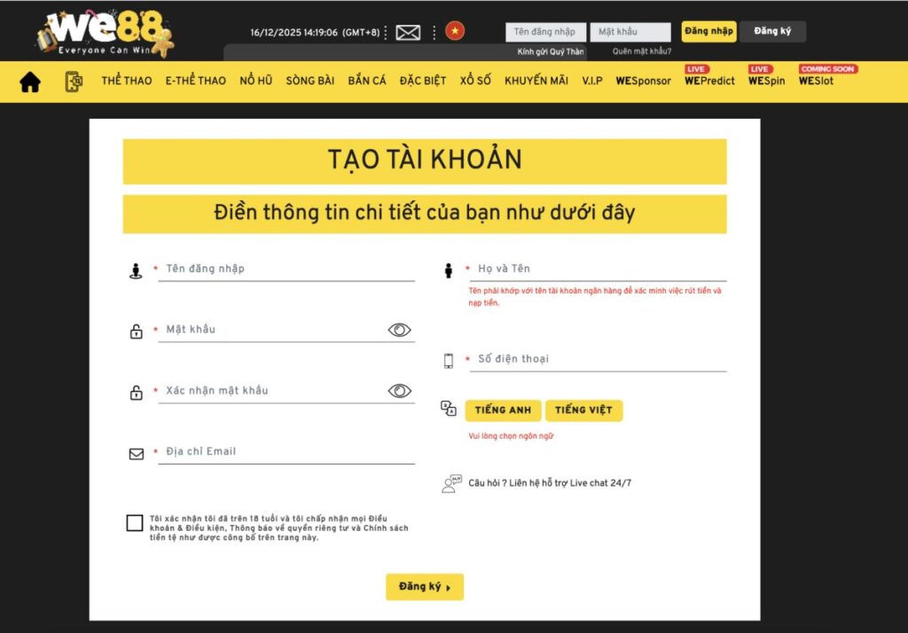 Đăng ký chơi Tài Xỉu online tại nhà cái We88 
