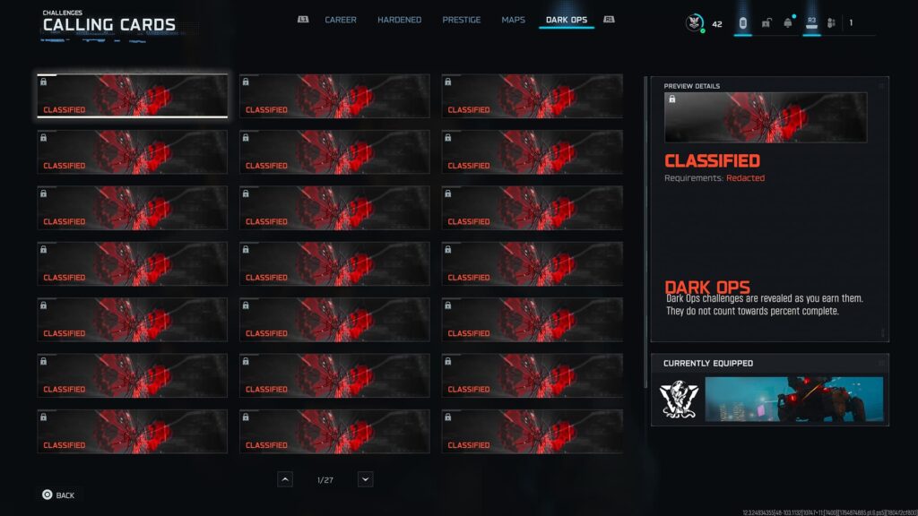 A full screen of locked Dark Ops cards appears in the challenges menu of Black Ops 7