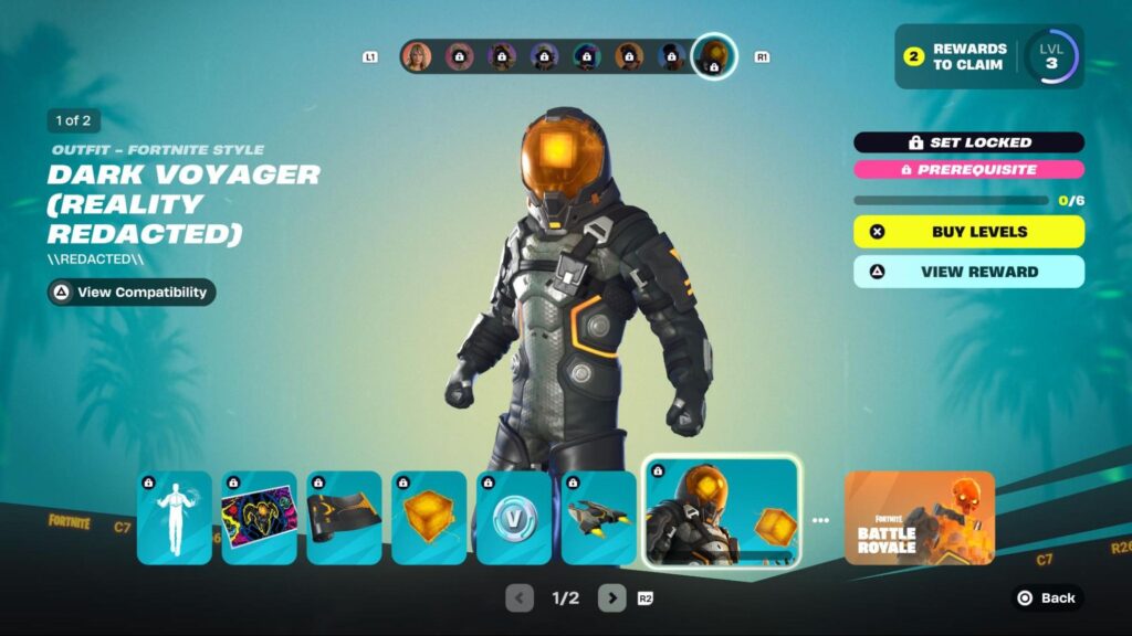 Dark Voyager (Reality Redacted) outfit displayed in the Fortnite battle pass menu