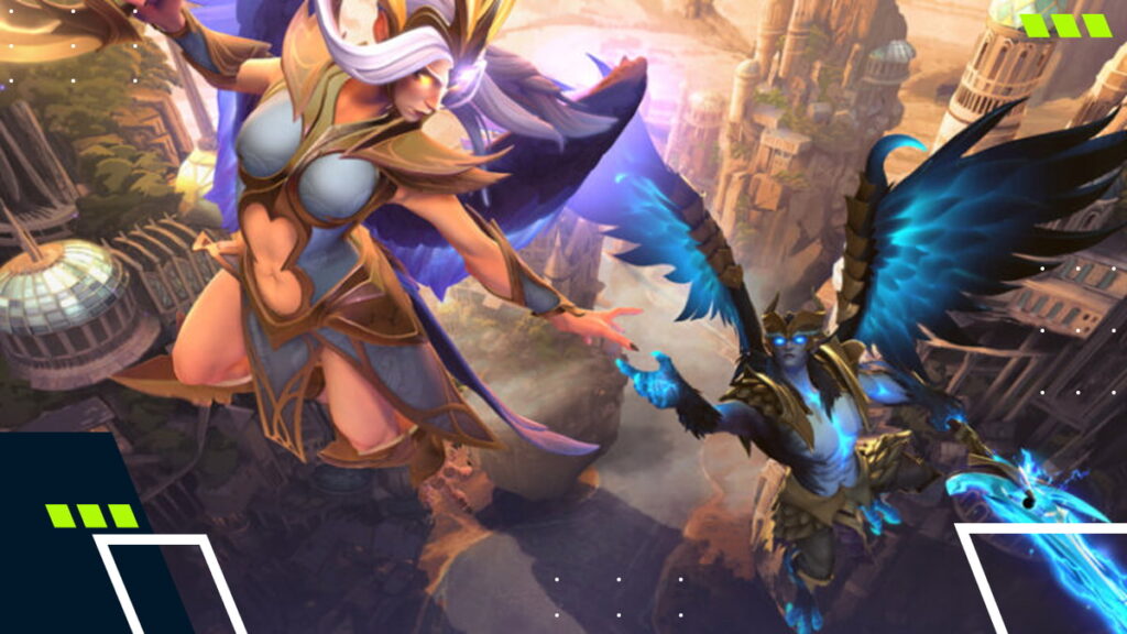 Crownfall key art from Dota 2 showing heroes clashing above a fantasy city