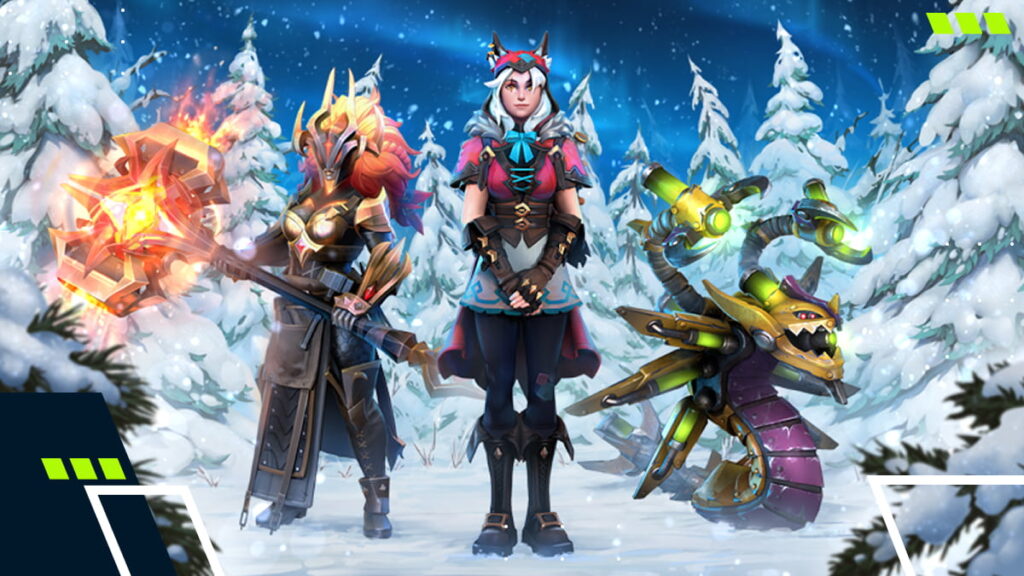 Three winter-themed heroes standing in a snowy forest in Dota 2 during the Frostivus event
