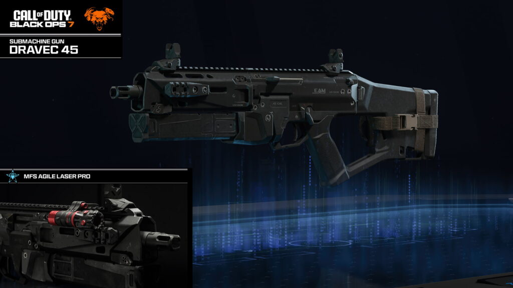 The Dravec 45 submachine gun showcased in Call of Duty: Black Ops 7 with its default weapon presentation