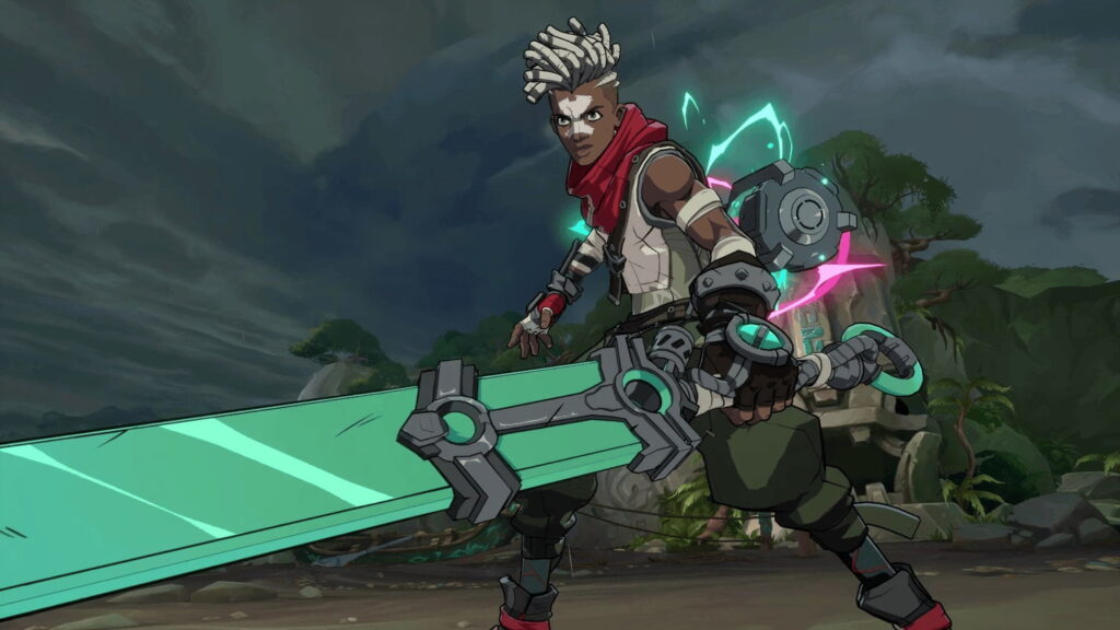 Ekko wielding his glowing blade in a tense standoff during a 2XKO match