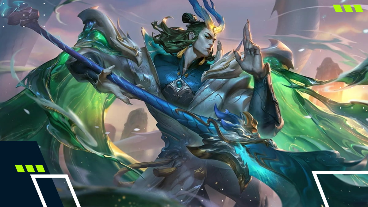 A stylized champion wielding a mystical spear in League of Legends artwork