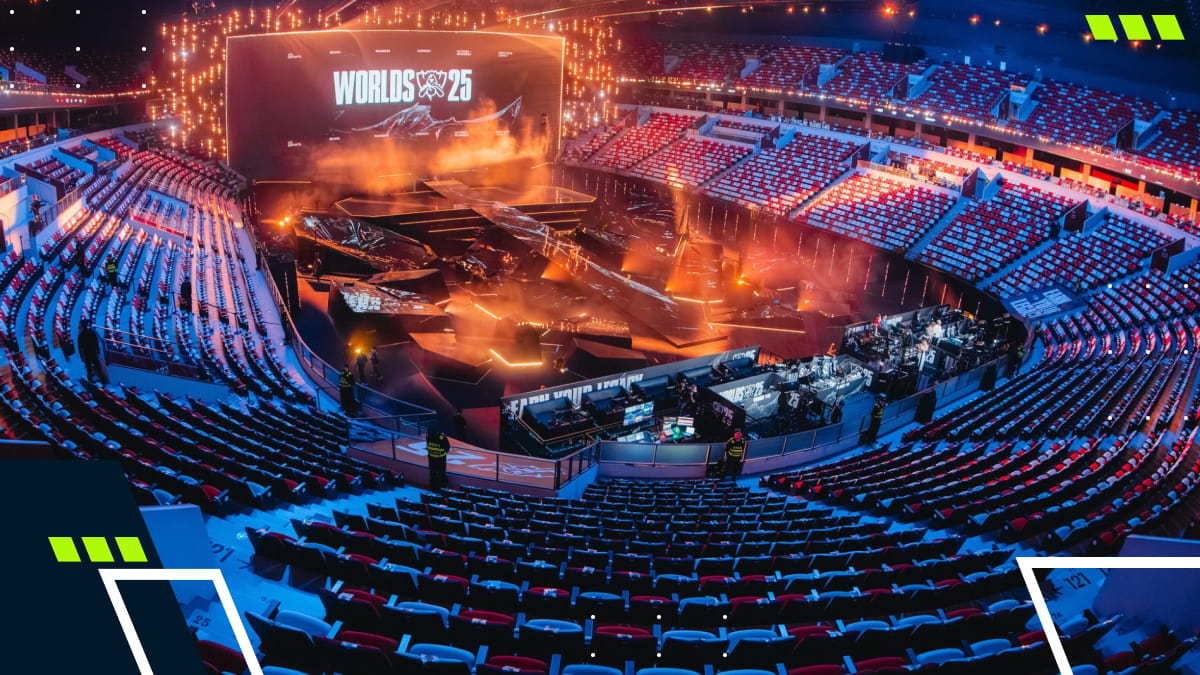 The arena glows with lights as the stage for Worlds 25 is prepared for the esports event